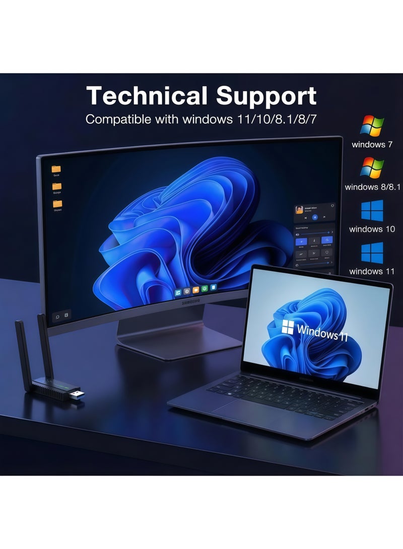 أورييل محول USB لاسلكي - مستقبل شبكة لاسلكية خارجي ثنائي النطاق 2.4 جيجاهرتز/5.8 جيجاهرتز بسرعة 1300 ميجابت في الثانية، بطاقة شبكة لاسلكية، محول بلوتوث لاسلكي، يدعم واي فاي 6 وبلوتوث 5.3، مناسب لأجهزة الكمبيوتر المكتبية والمحمولة، سهل الاستخدام (التوصيل والتشغيل) - Image 4
